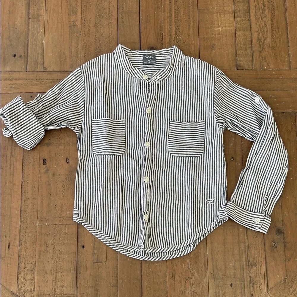 Tocoto vintage gray stripe roll cuff linen blend button up shirt kids size 6